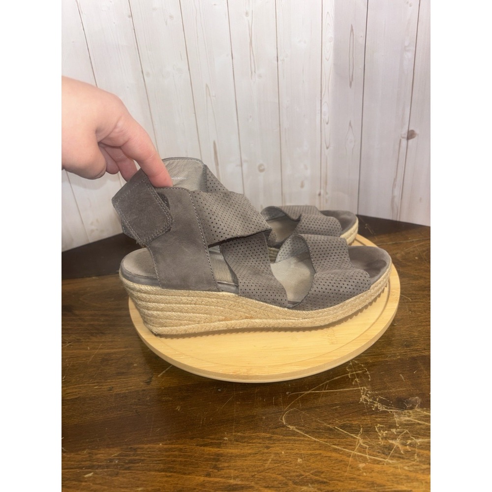 Eileen Fisher Willow Wedge Sandal Gray Perf Leather Espadrille Heel Shoe 9.5